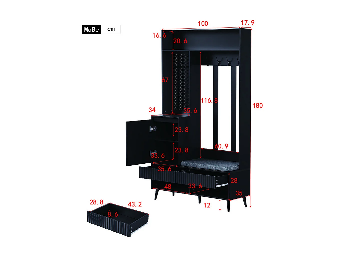 Vestiaire noir porte-manteau mural banc à chaussures 4 crochets deux tiroirs 1 porte