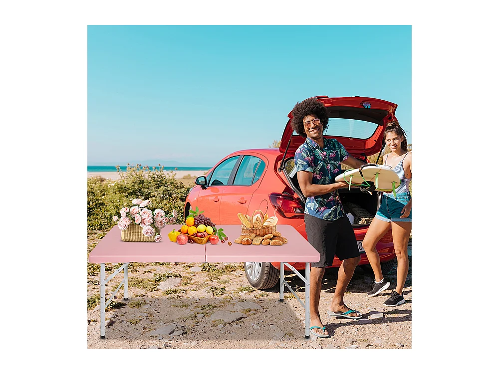 Table pliante portable 125 cm robuste poignée hauteur réglable multifonction camping pique-nique fêtes intérieur extérieur charge 135 kg rose