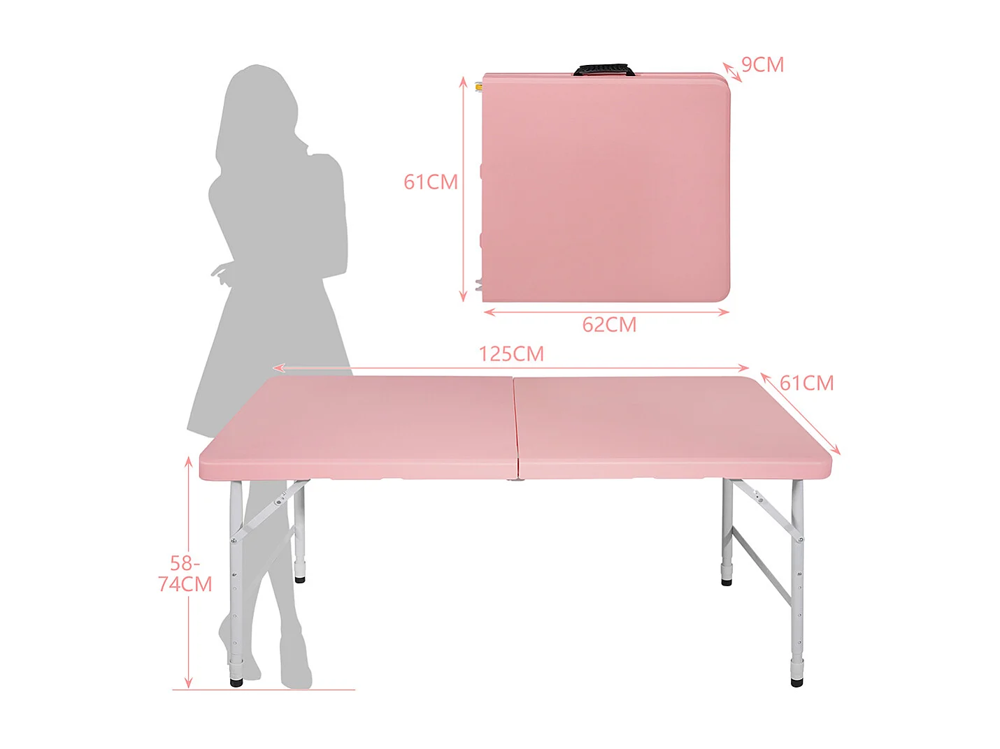 Table pliante portable 125 cm robuste poignée hauteur réglable multifonction camping pique-nique fêtes intérieur extérieur charge 135 kg rose