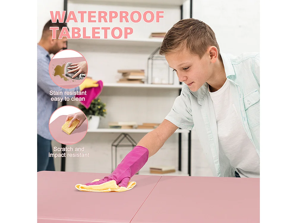 Table pliante portable 125 cm robuste poignée hauteur réglable multifonction camping pique-nique fêtes intérieur extérieur charge 135 kg rose