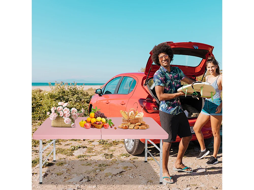 Table pliante portable 125 cm robuste poignée hauteur réglable multifonction camping pique-nique fêtes intérieur extérieur charge 135 kg rose