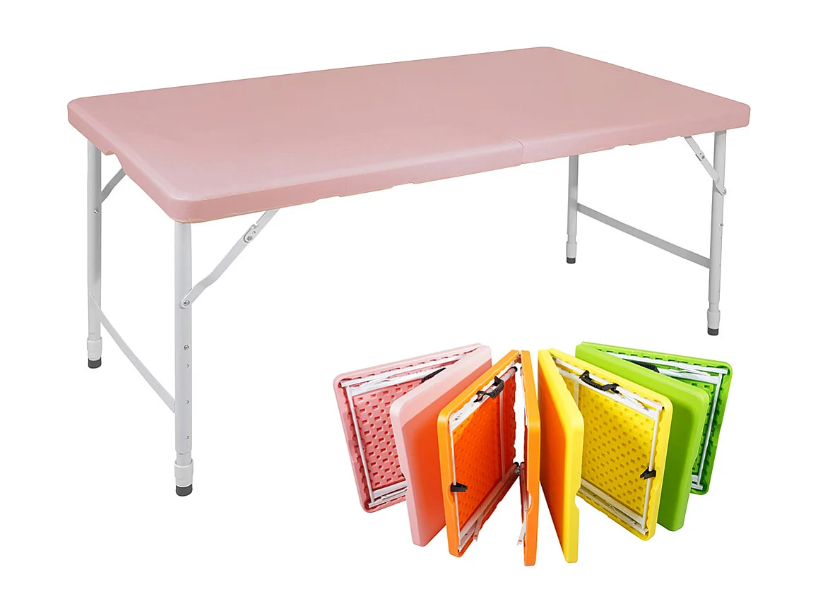 Table pliante portable 125 cm robuste poignée hauteur réglable multifonction camping pique-nique fêtes intérieur extérieur charge 135 kg rose