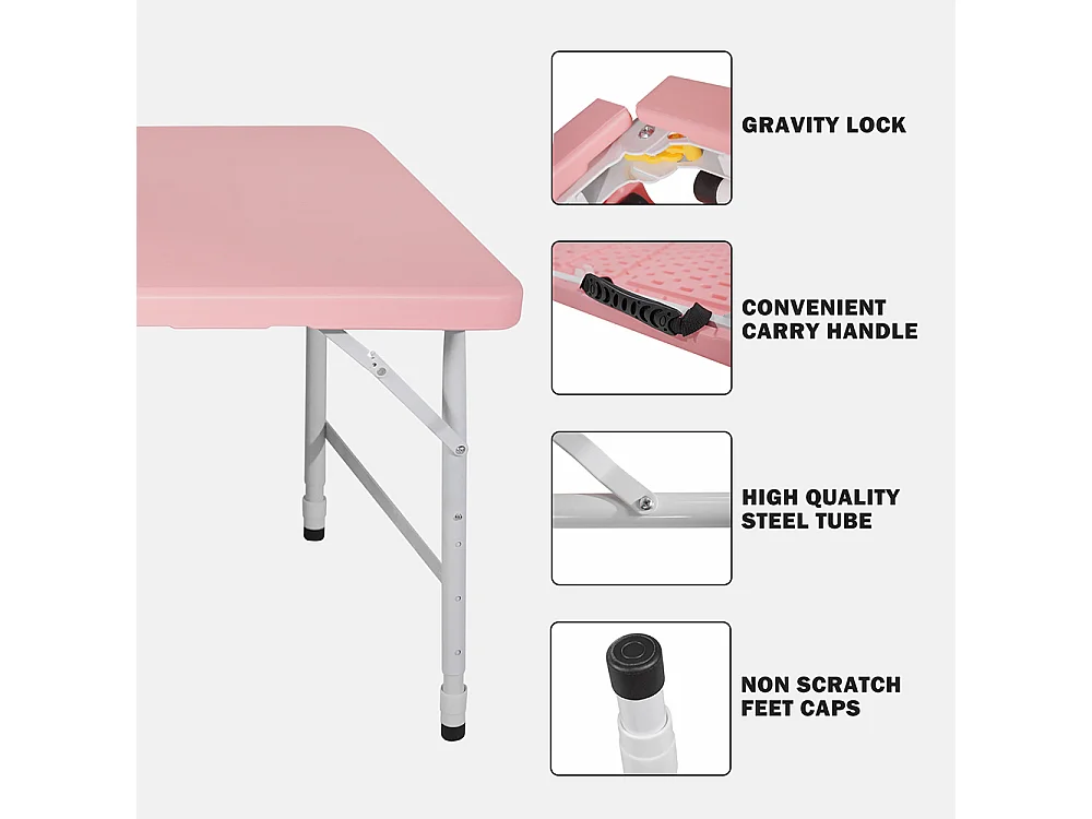 Table pliante portable 125 cm robuste poignée hauteur réglable multifonction camping pique-nique fêtes intérieur extérieur charge 135 kg rose