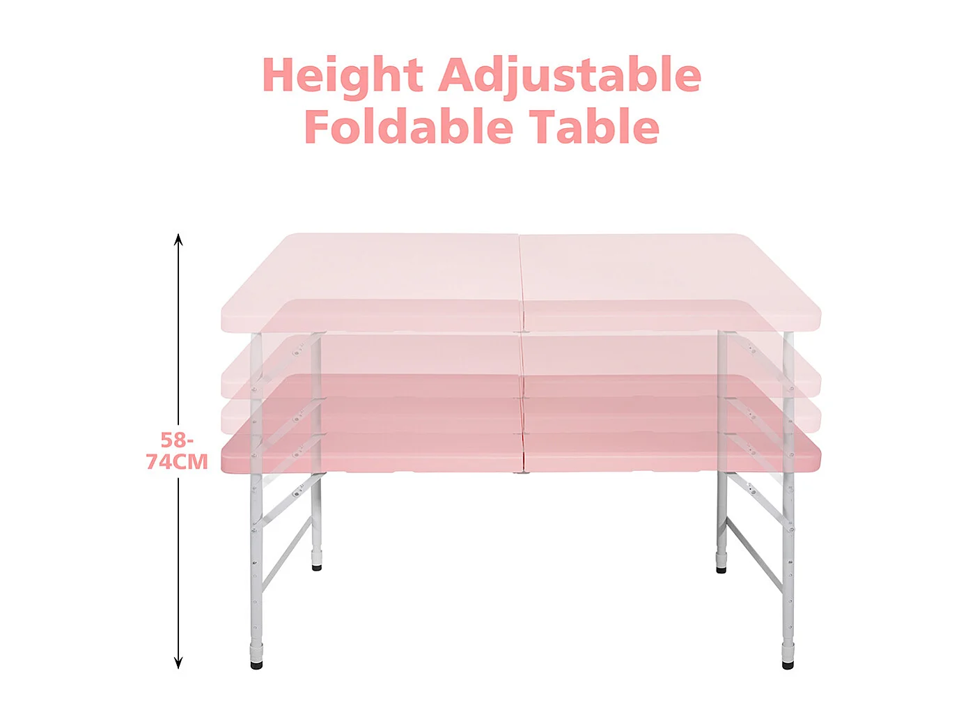 Table pliante portable 125 cm robuste poignée hauteur réglable multifonction camping pique-nique fêtes intérieur extérieur charge 135 kg rose