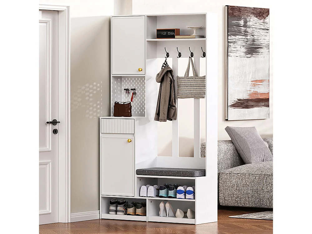 Vestiaire blanc ensemble complet banc 4 crochets portes tiroirs compact