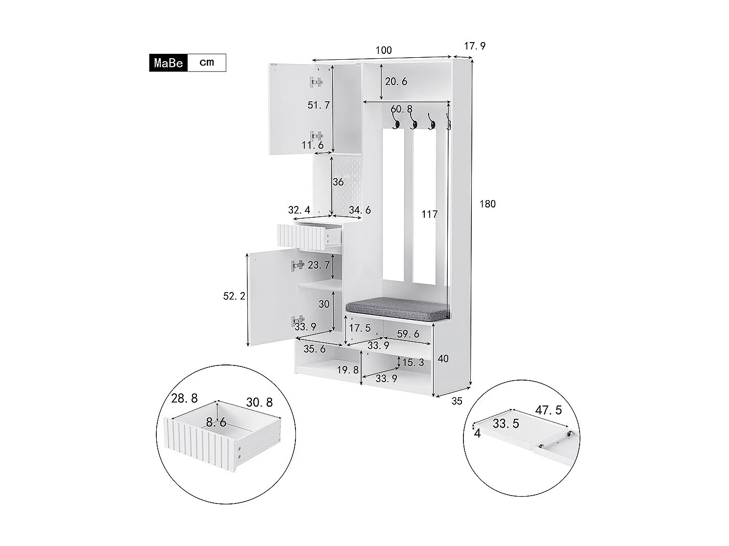 Vestiaire blanc ensemble complet banc 4 crochets portes tiroirs compact