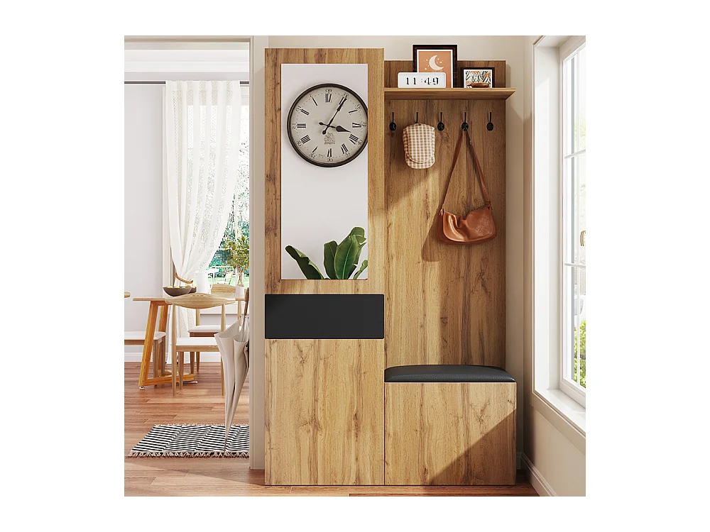 Vestiaire penderie 5 crochets miroir meuble chaussures armoire étagères tiroirs rangement banc couloir
