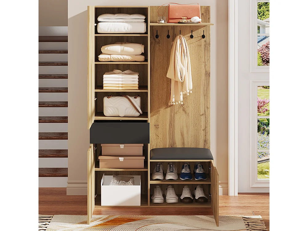 Vestiaire penderie 5 crochets miroir meuble chaussures armoire étagères tiroirs rangement banc couloir