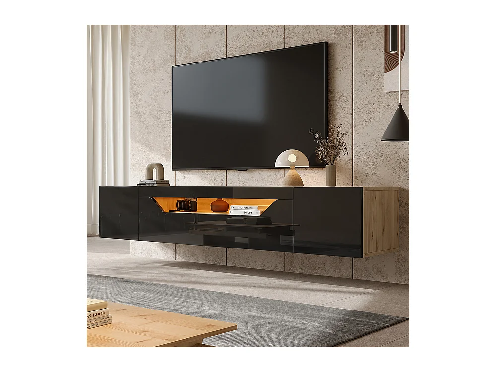 TV-meubel 180x37x36 cm zwart glanzend LED 3 compartimenten wandmodel 75 inch