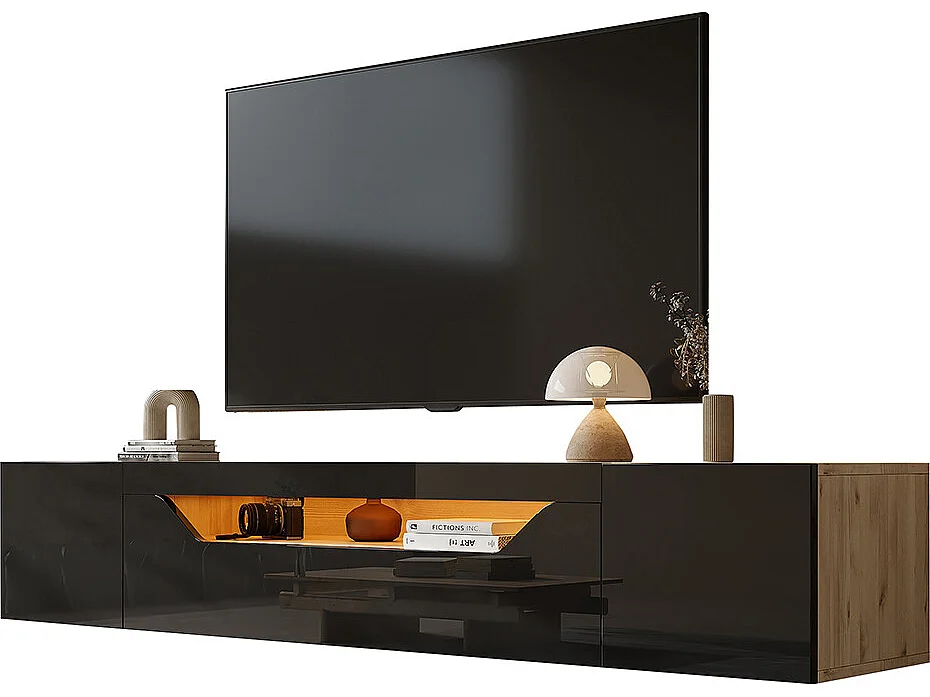 Meuble TV 180x37x36 cm noir LED brillant 3 compartiments murale 75 pouces