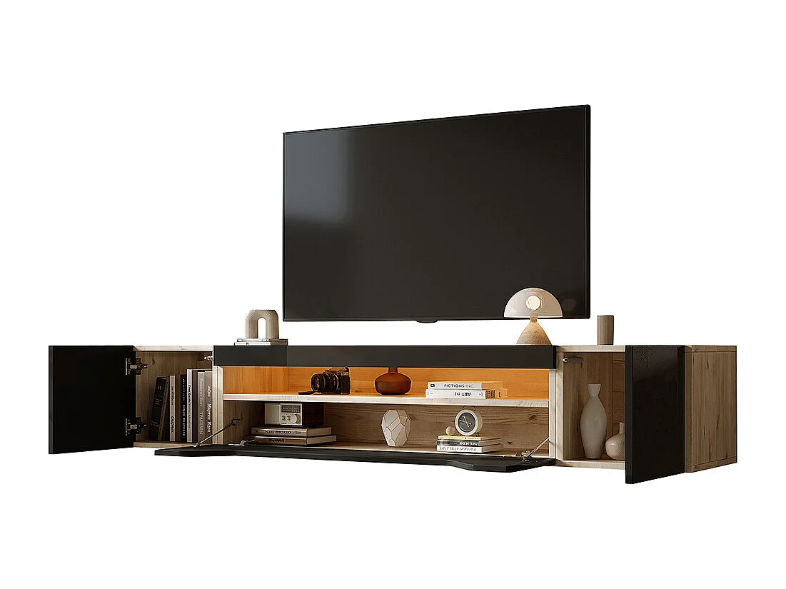 Meuble TV 180x37x36 cm noir LED brillant 3 compartiments murale 75 pouces