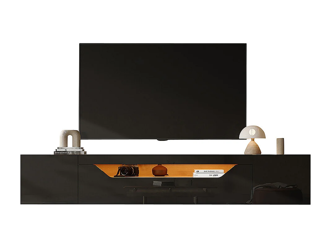 Meuble TV 180x37x36 cm noir LED brillant 3 compartiments murale 75 pouces