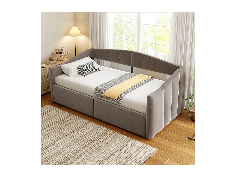 Lit banquette rembourré 90x200 avec suspension hydraulique et accoudoirs rayures classiques lit multifonctionnel tissu velours gris