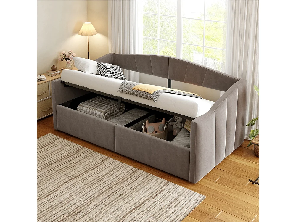 Lit banquette rembourré 90x200 avec suspension hydraulique et accoudoirs rayures classiques lit multifonctionnel tissu velours gris