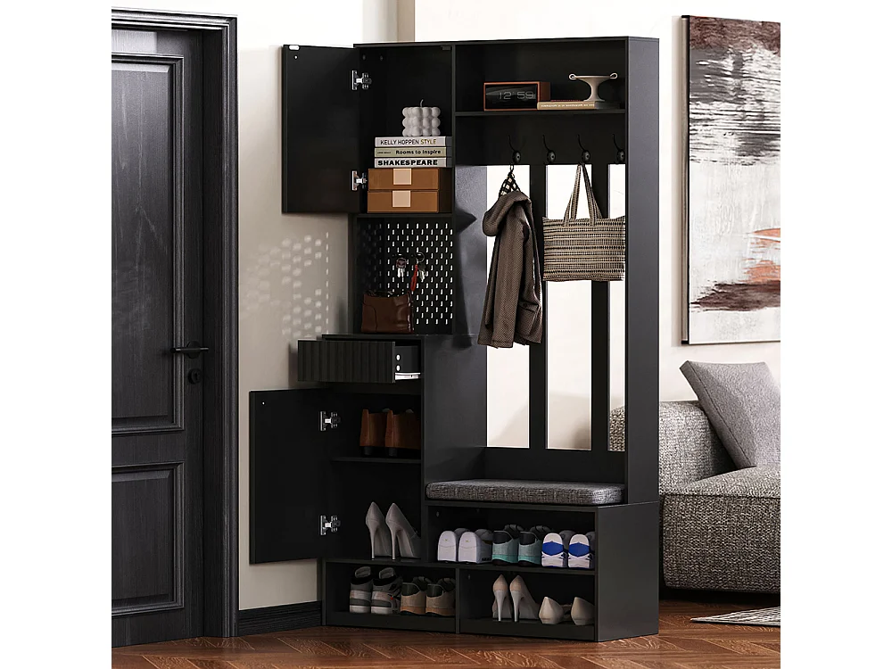 Vestiaire noir ensemble complet armoire couloir banc 4 crochets portes tiroirs compact