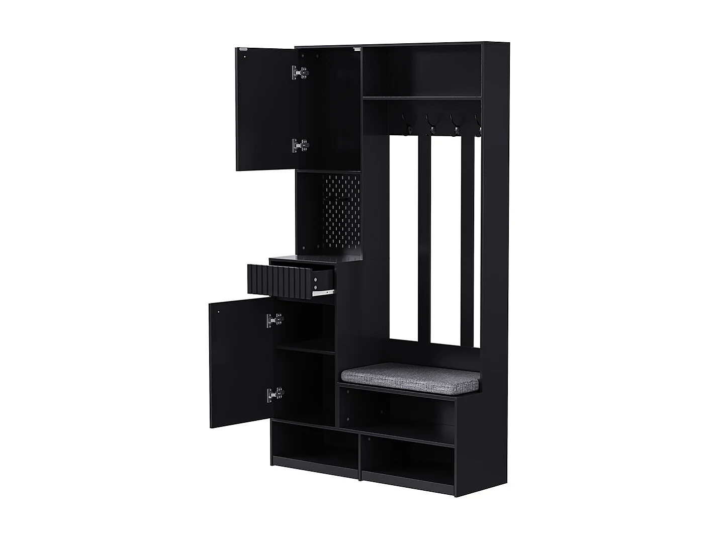 Vestiaire noir ensemble complet armoire couloir banc 4 crochets portes tiroirs compact
