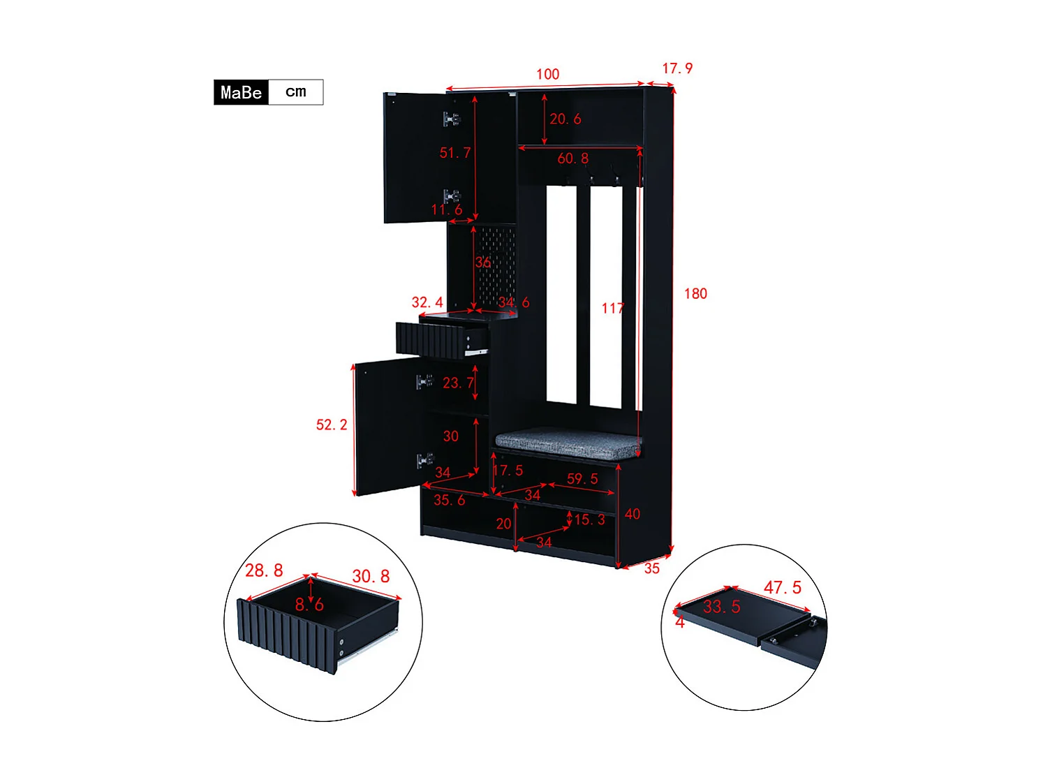 Vestiaire noir ensemble complet armoire couloir banc 4 crochets portes tiroirs compact