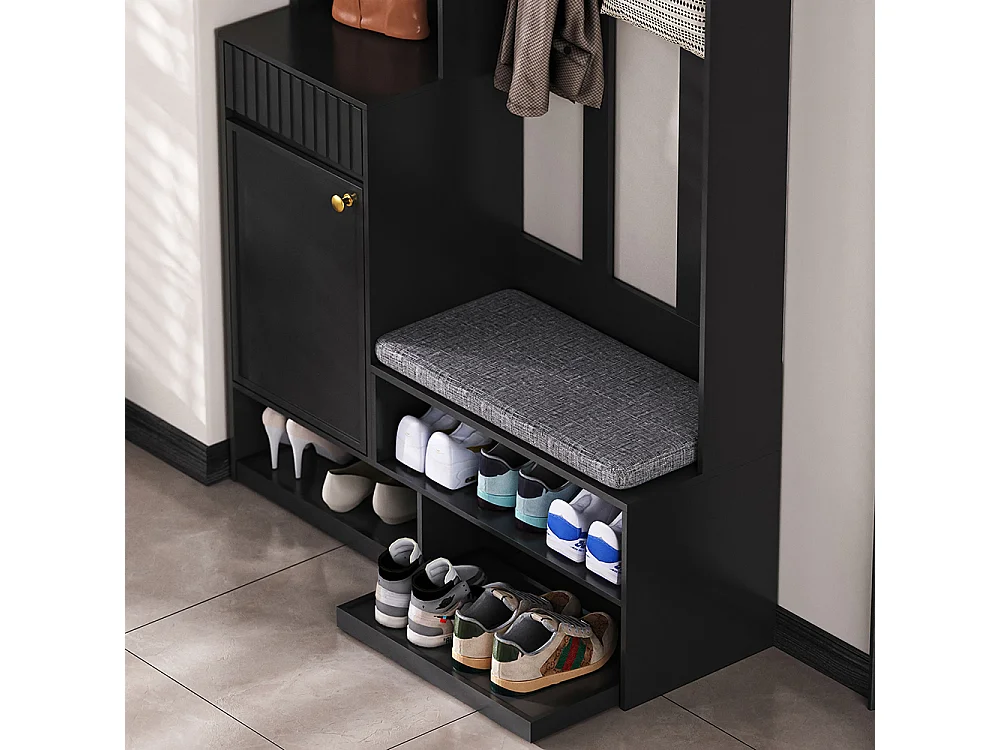 Vestiaire noir ensemble complet armoire couloir banc 4 crochets portes tiroirs compact