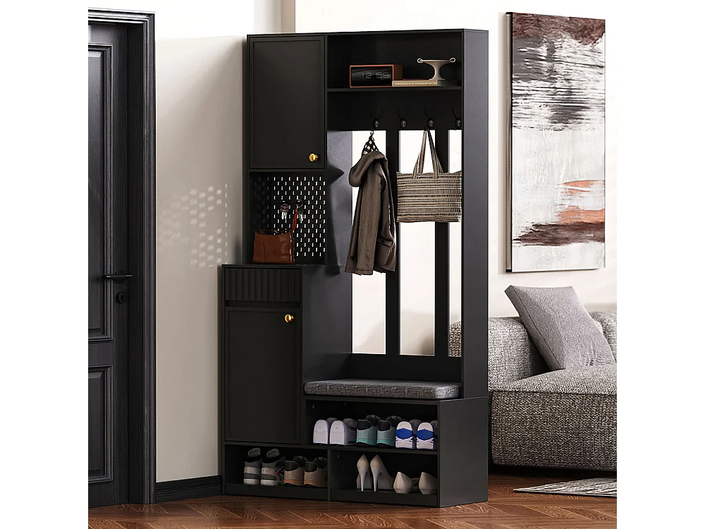 Vestiaire noir ensemble complet armoire couloir banc 4 crochets portes tiroirs compact