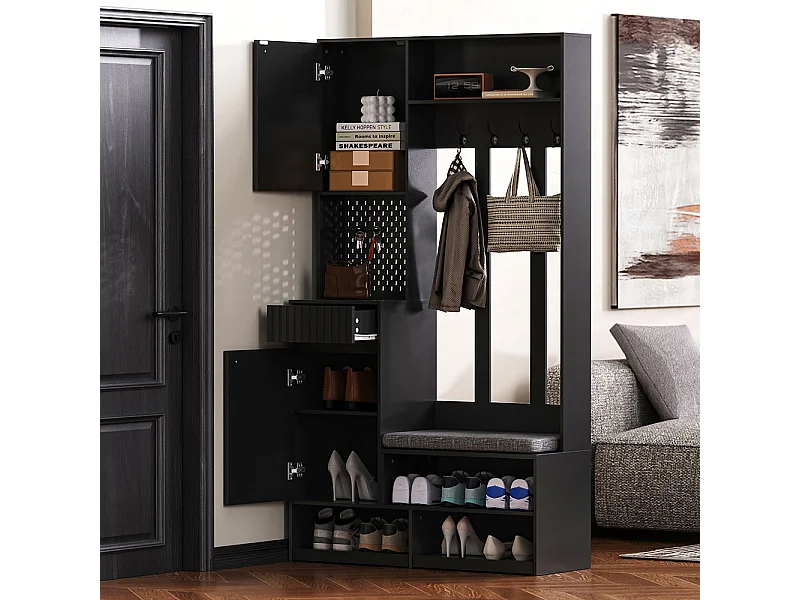 Vestiaire noir ensemble complet armoire couloir banc 4 crochets portes tiroirs compact