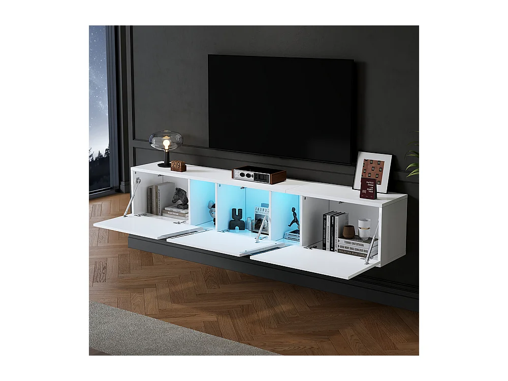 Meuble TV 180x35x30 cm blanc mural LED 3 portes adapté 75 pouces brillant