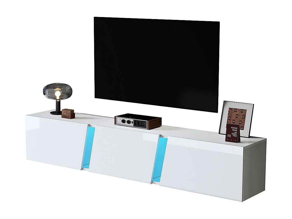 Meuble TV 180x35x30 cm blanc mural LED 3 portes adapté 75 pouces brillant