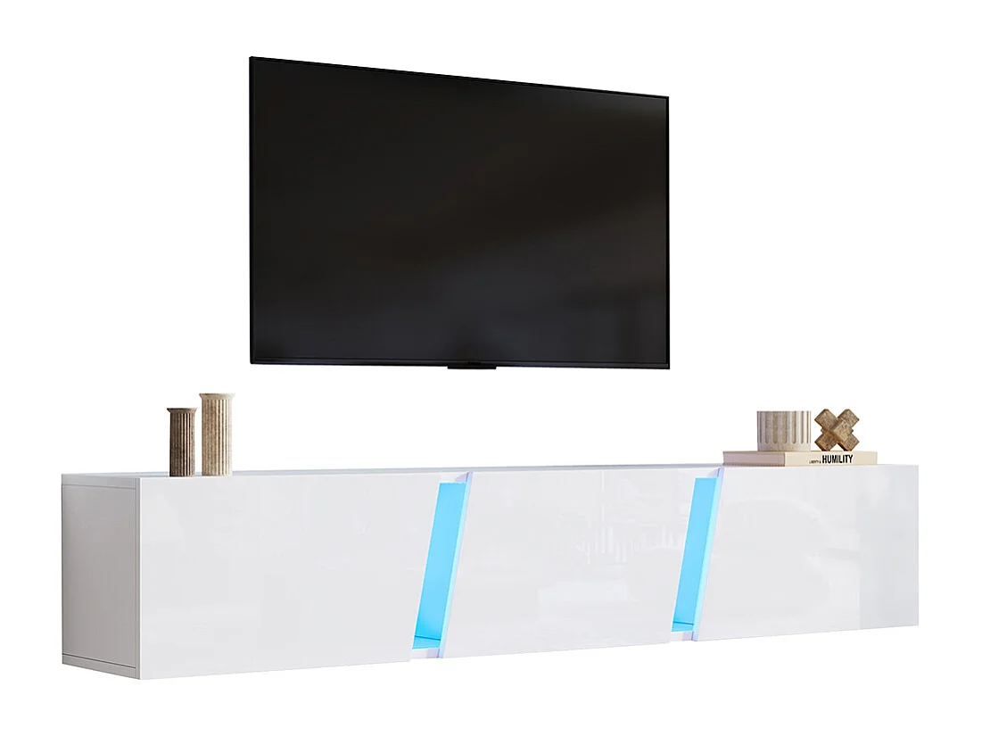 Meuble TV 180x35x30 cm blanc mural LED 3 portes adapté 75 pouces brillant