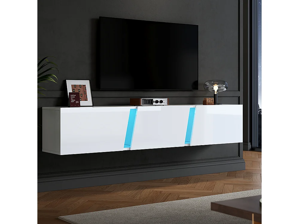 Meuble TV 180x35x30 cm blanc mural LED 3 portes adapté 75 pouces brillant