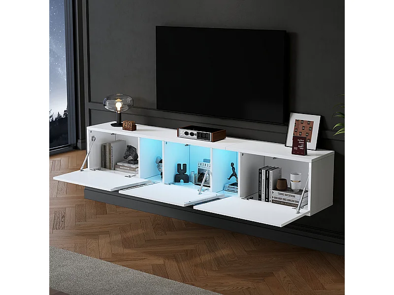 Meuble TV 180x35x30 cm blanc mural LED 3 portes adapté 75 pouces brillant