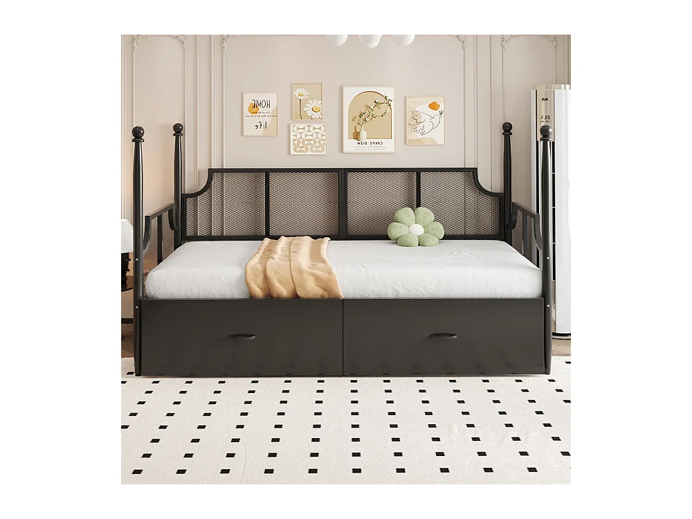 Lit banquette en fer 90x200 dossier en filet vintage entouré de hauts supports en colonne structure en métal avec compartiments de rangement noir