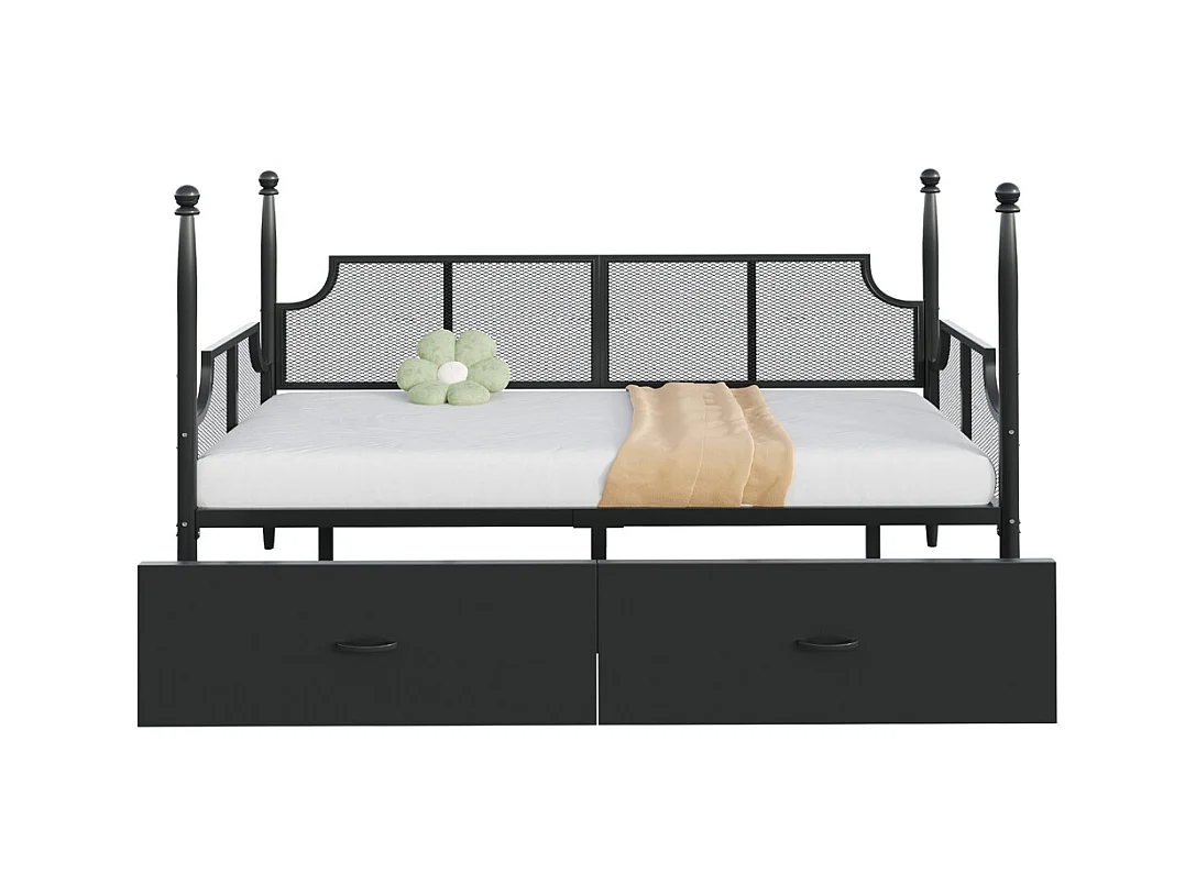 Lit banquette en fer 90x200 dossier en filet vintage entouré de hauts supports en colonne structure en métal avec compartiments de rangement noir