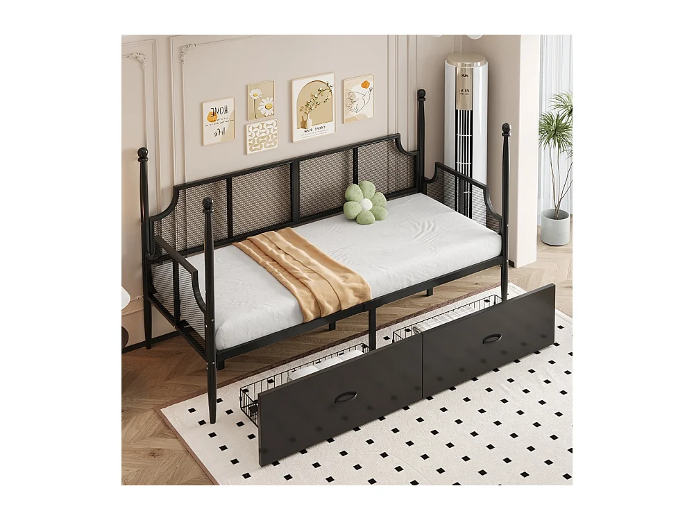 Lit banquette en fer 90x200 dossier en filet vintage entouré de hauts supports en colonne structure en métal avec compartiments de rangement noir