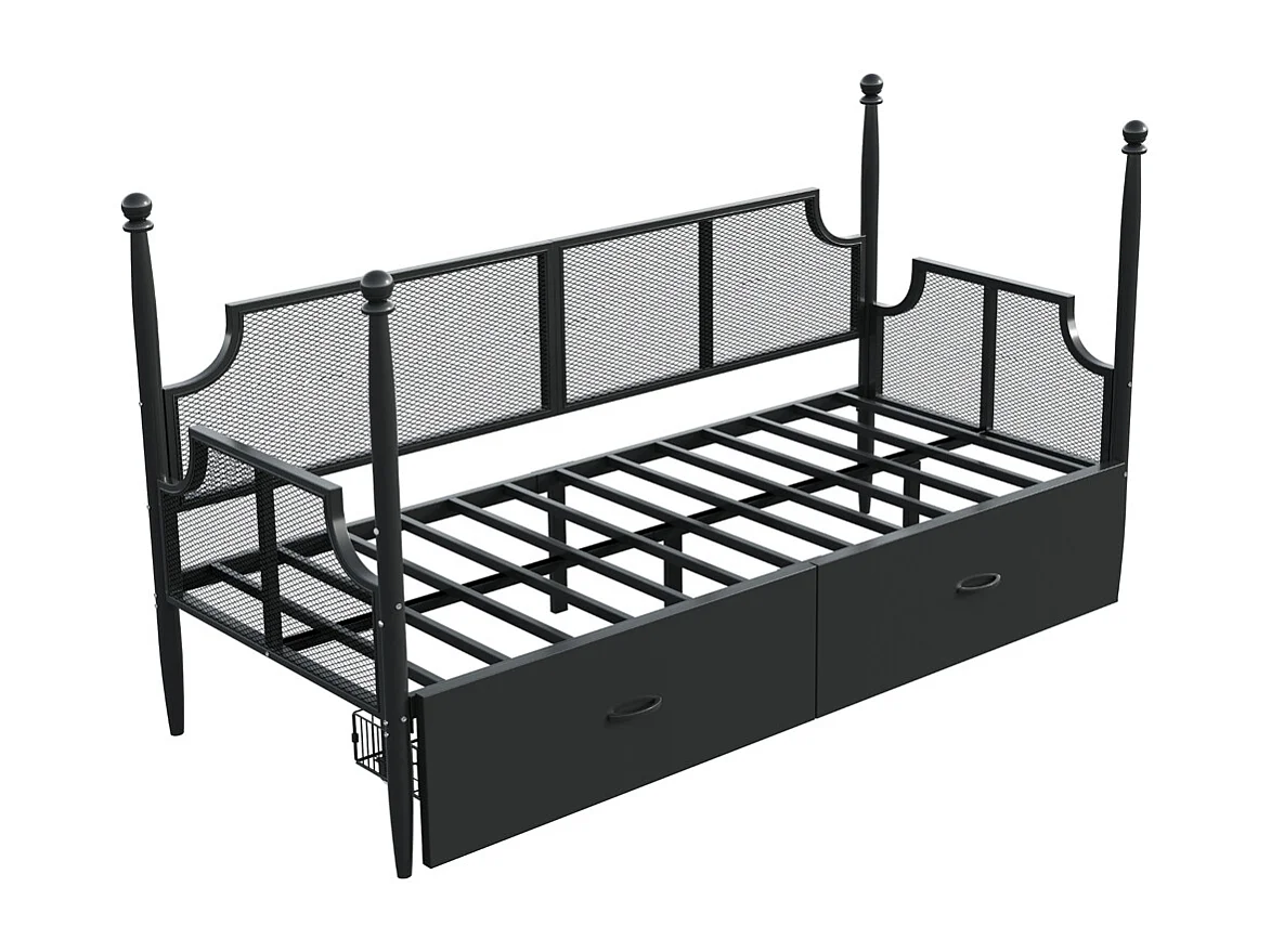 Lit banquette en fer 90x200 dossier en filet vintage entouré de hauts supports en colonne structure en métal avec compartiments de rangement noir