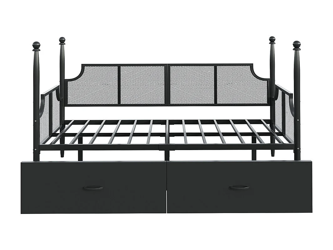 Lit banquette en fer 90x200 dossier en filet vintage entouré de hauts supports en colonne structure en métal avec compartiments de rangement noir