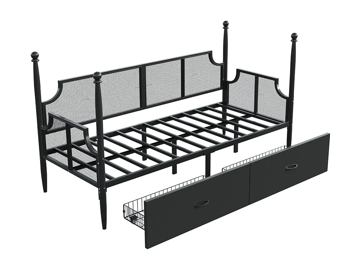 Lit banquette en fer 90x200 dossier en filet vintage entouré de hauts supports en colonne structure en métal avec compartiments de rangement noir