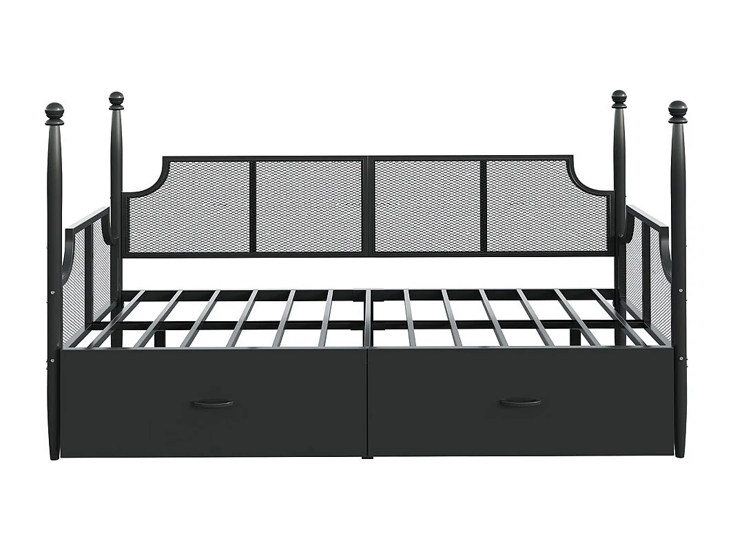 Lit banquette en fer 90x200 dossier en filet vintage entouré de hauts supports en colonne structure en métal avec compartiments de rangement noir