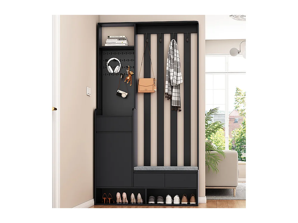 Vestiaire noir porte-manteau entrée banc rangement rembourré meuble à chaussures multifonctionnel tableau à fiches 4 crochets buanderie