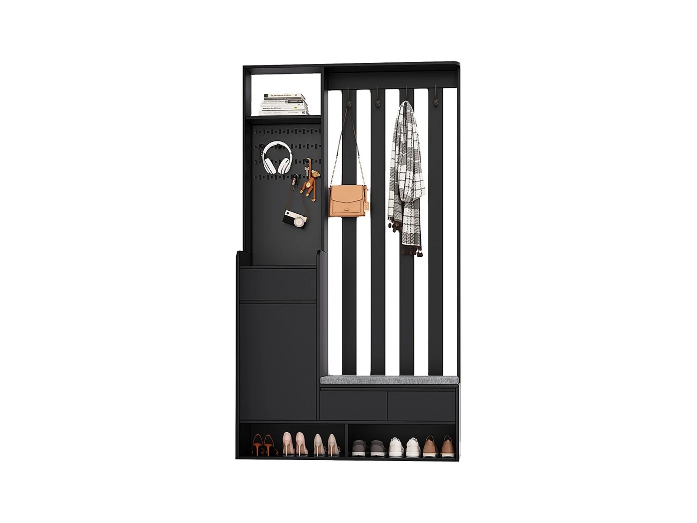 Vestiaire noir porte-manteau entrée banc rangement rembourré meuble à chaussures multifonctionnel tableau à fiches 4 crochets buanderie