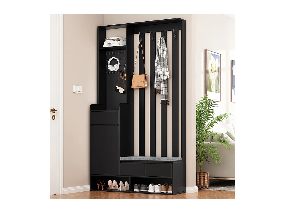 Vestiaire noir porte-manteau entrée banc rangement rembourré meuble à chaussures multifonctionnel tableau à fiches 4 crochets buanderie
