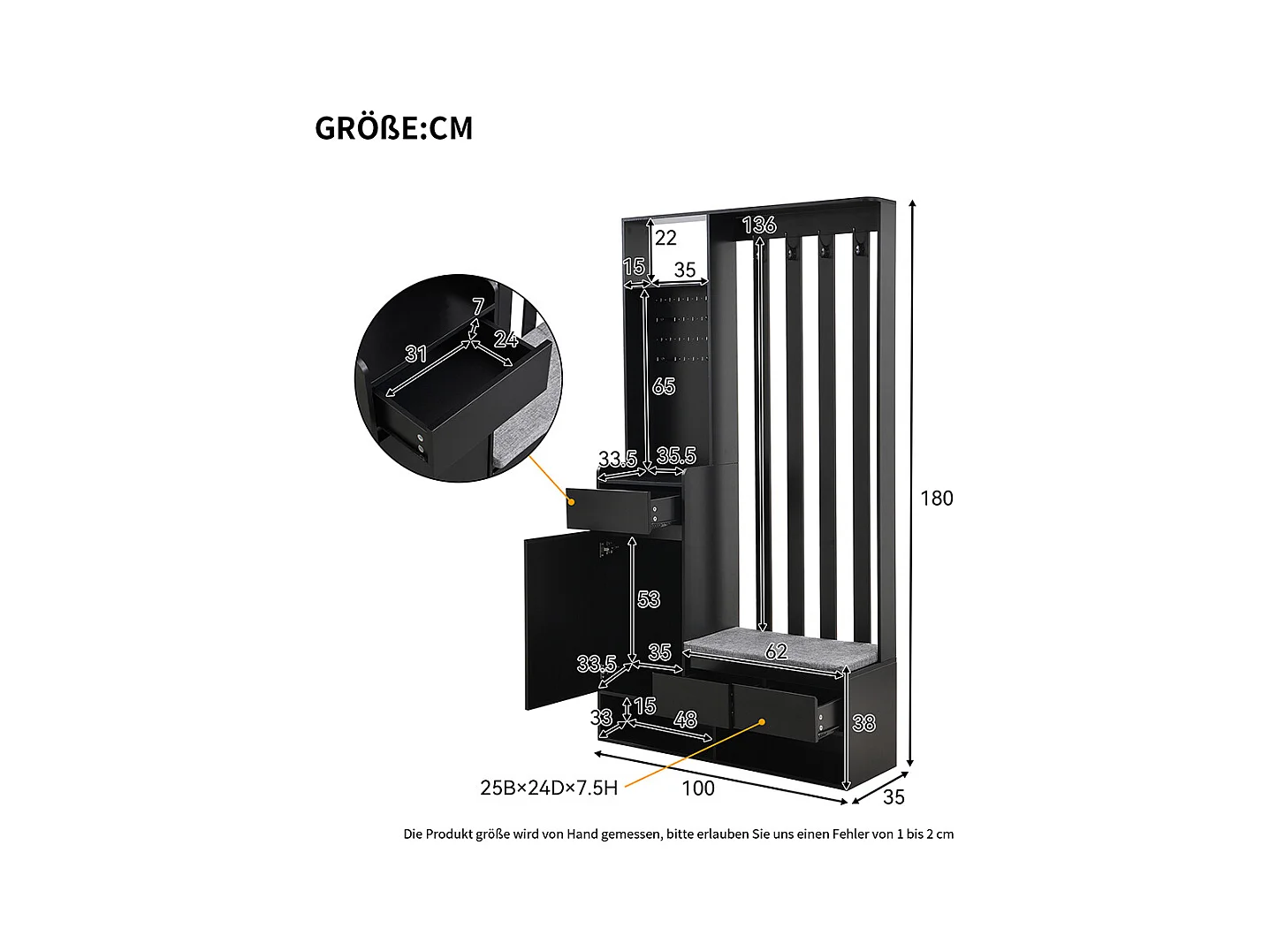 Vestiaire noir porte-manteau entrée banc rangement rembourré meuble à chaussures multifonctionnel tableau à fiches 4 crochets buanderie