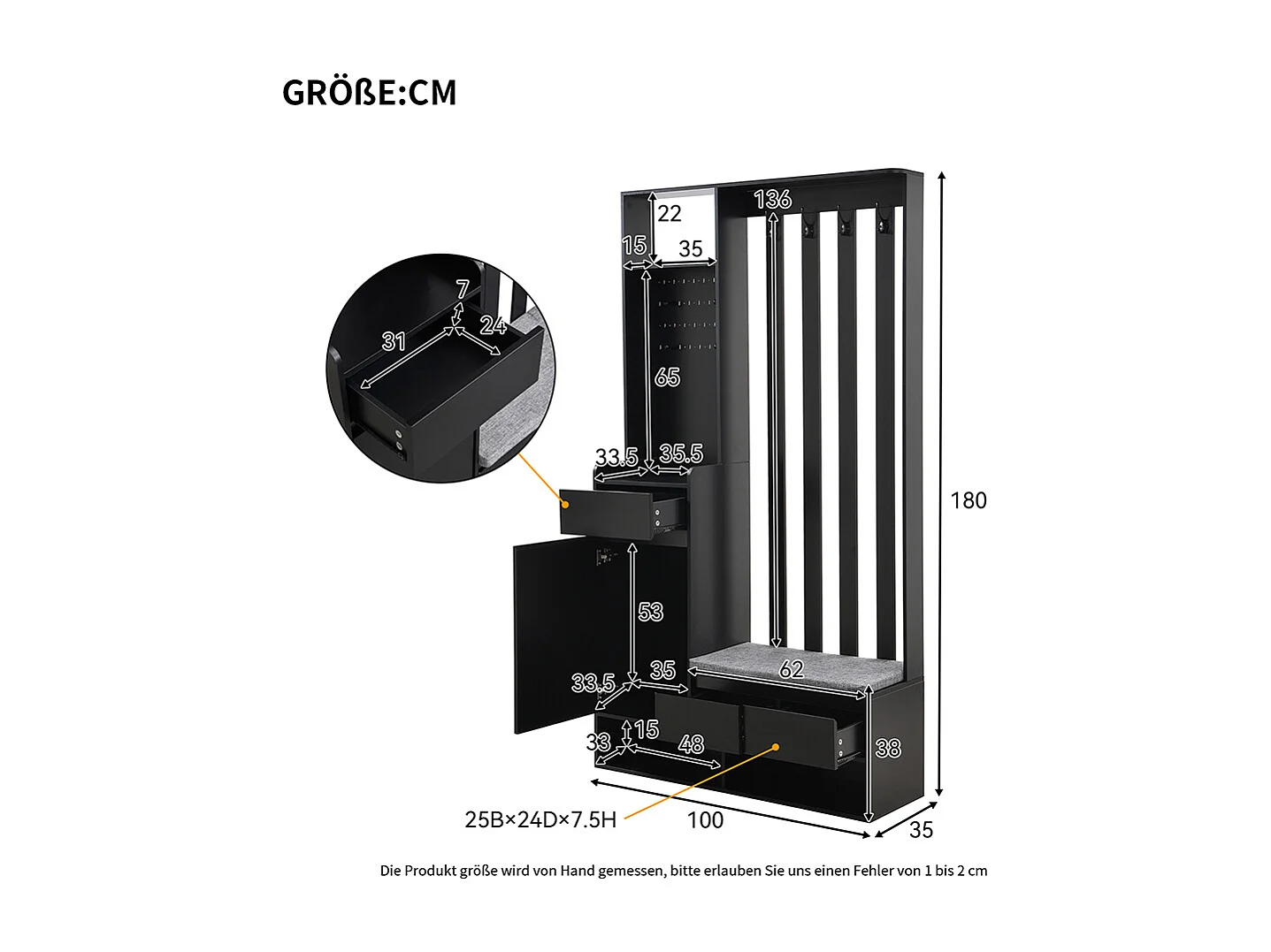 Vestiaire noir porte-manteau entrée banc rangement rembourré meuble à chaussures multifonctionnel tableau à fiches 4 crochets buanderie