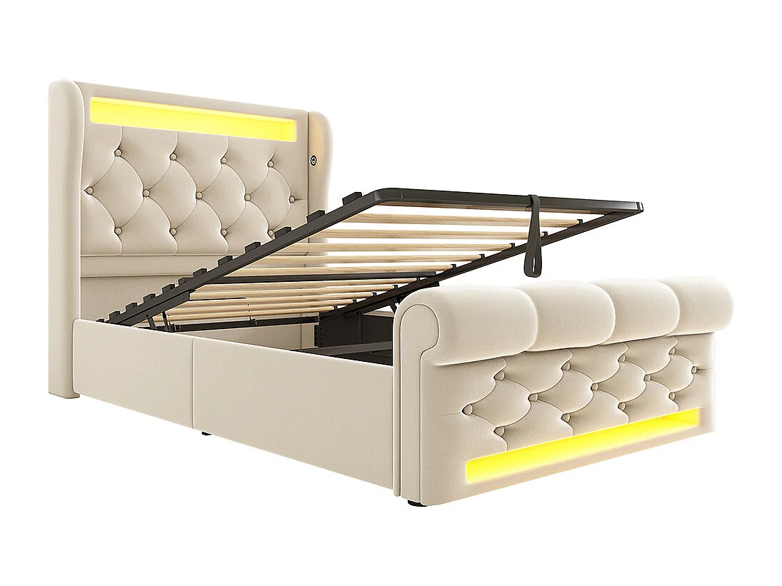 Lit coffre rembourré 90x200 cm avec éclairage LED tête de lit avec ports USB et Type-C beige velours avec matelas