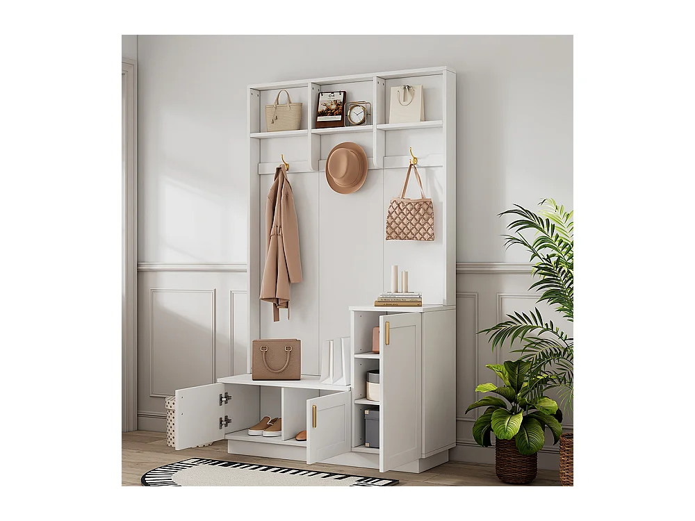 Vestiaire blanc banc rangement chaussures multifonctionnel 3 crochets suspendus espace rangement ouvert étagères couloir