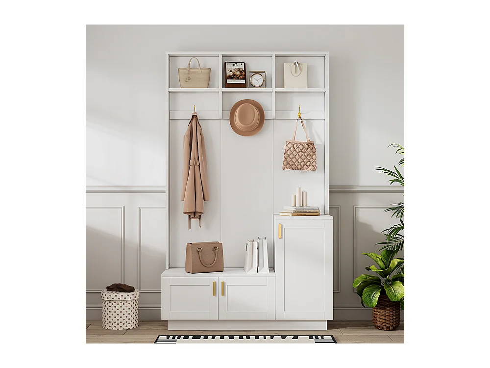 Vestiaire blanc banc rangement chaussures multifonctionnel 3 crochets suspendus espace rangement ouvert étagères couloir