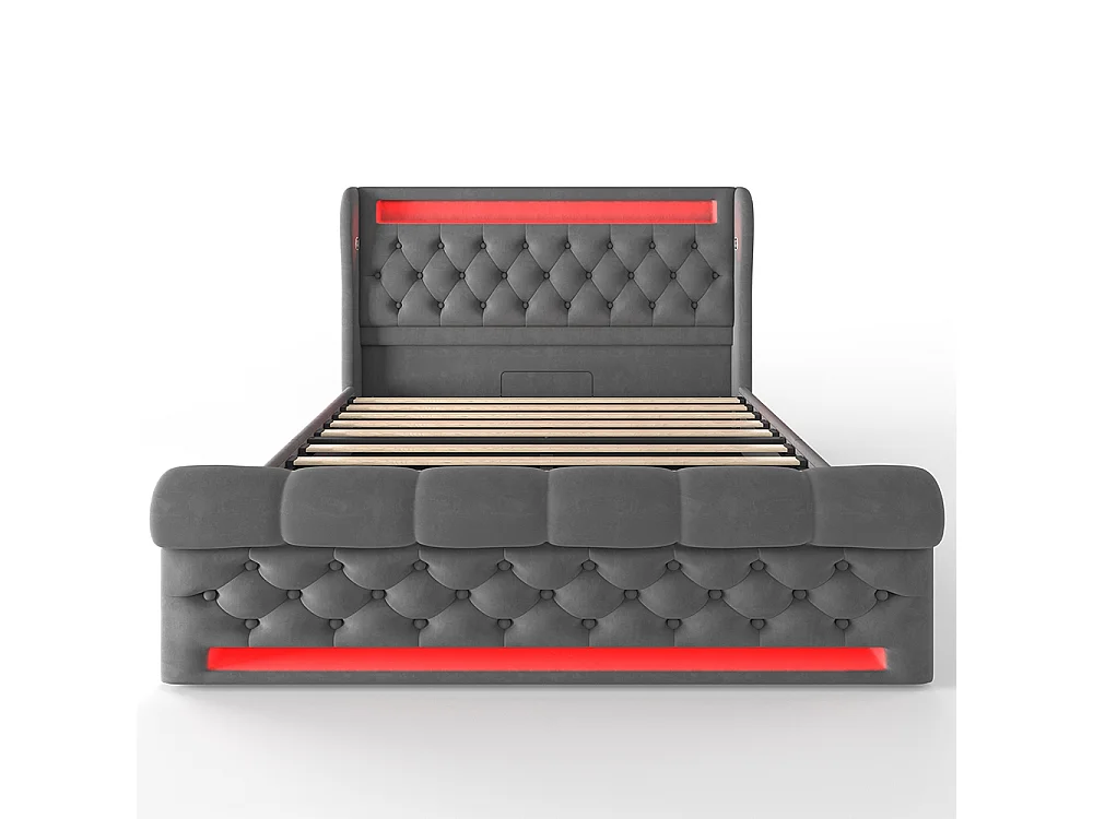 Lit coffre rembourré 160x200 cm avec éclairage LED tête de lit avec ports USB et Type-C gris velours avec matelas