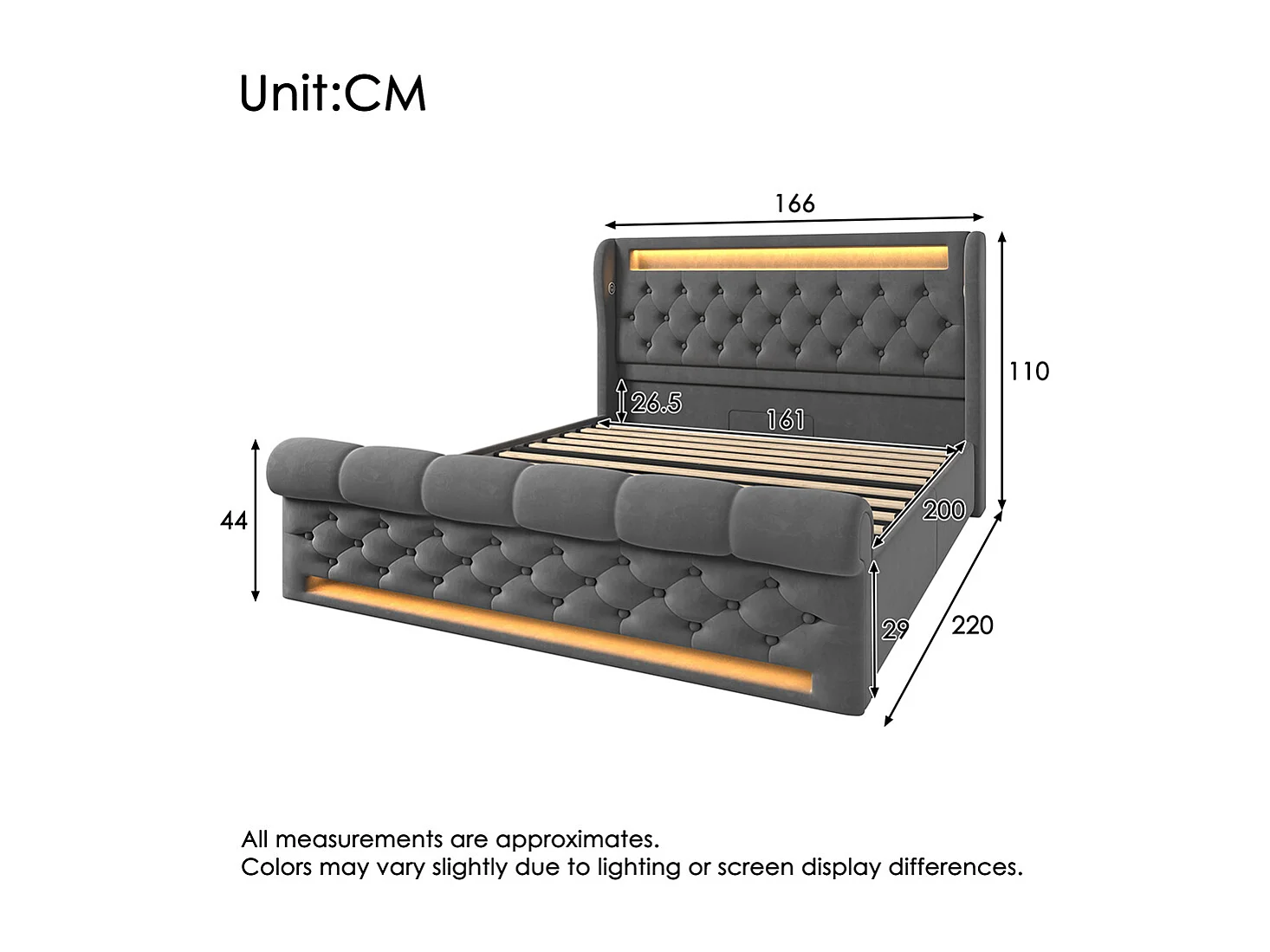 Lit coffre rembourré 160x200 cm avec éclairage LED tête de lit avec ports USB et Type-C gris velours avec matelas
