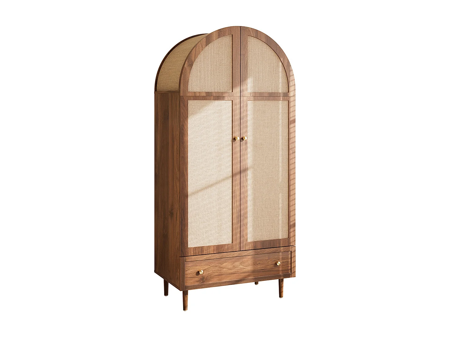 Armoire élégante portes tissu tiroir penderie aspect noyer pieds bois espace rangement vêtements chambre dressing