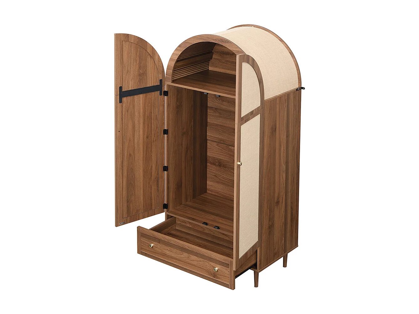Armoire élégante portes tissu tiroir penderie aspect noyer pieds bois espace rangement vêtements chambre dressing