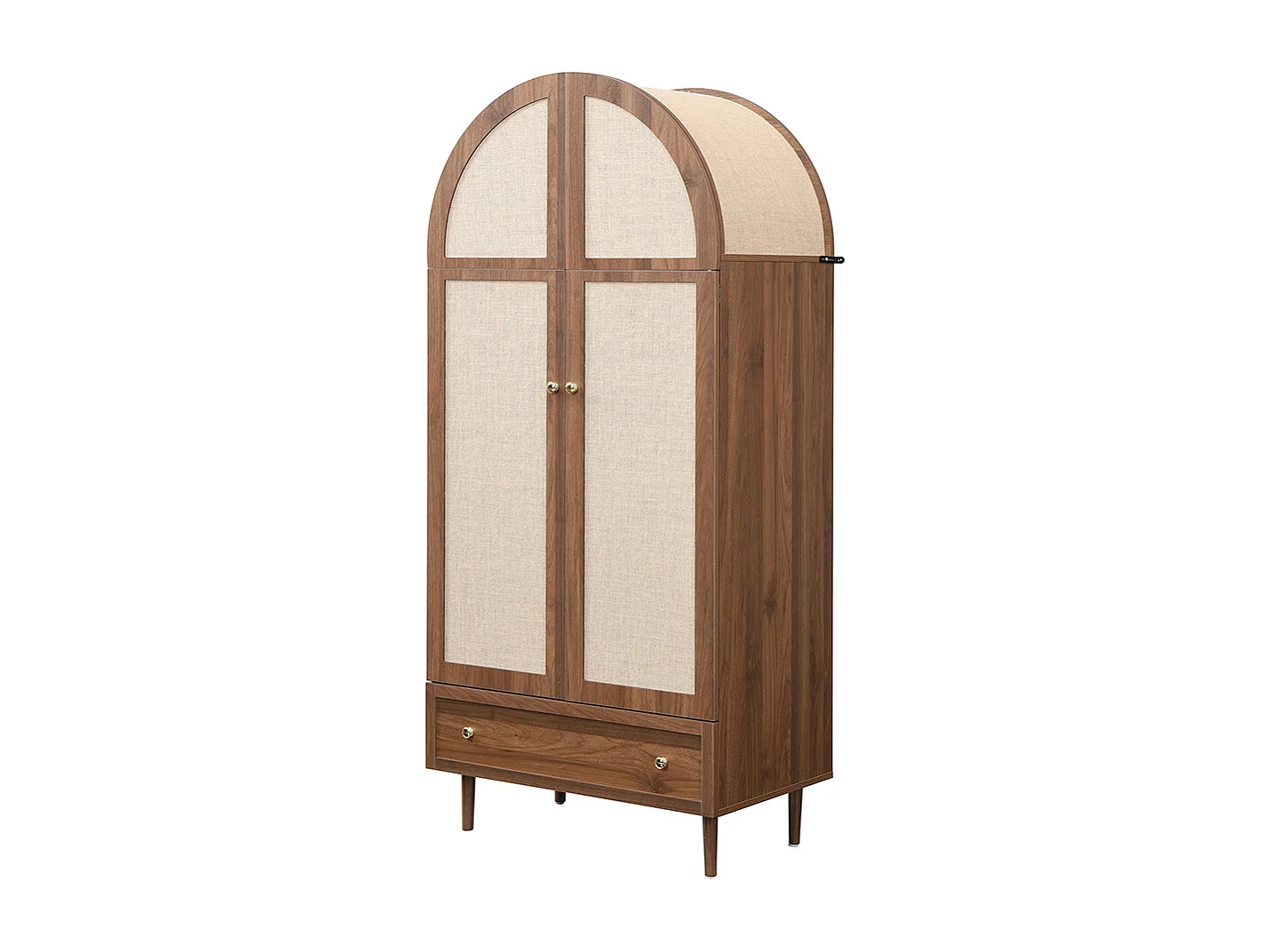 Armoire élégante portes tissu tiroir penderie aspect noyer pieds bois espace rangement vêtements chambre dressing