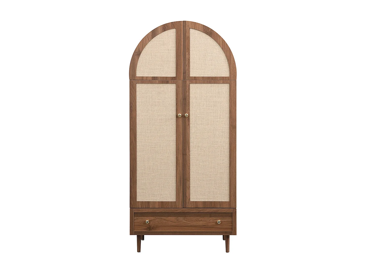 Armoire élégante portes tissu tiroir penderie aspect noyer pieds bois espace rangement vêtements chambre dressing